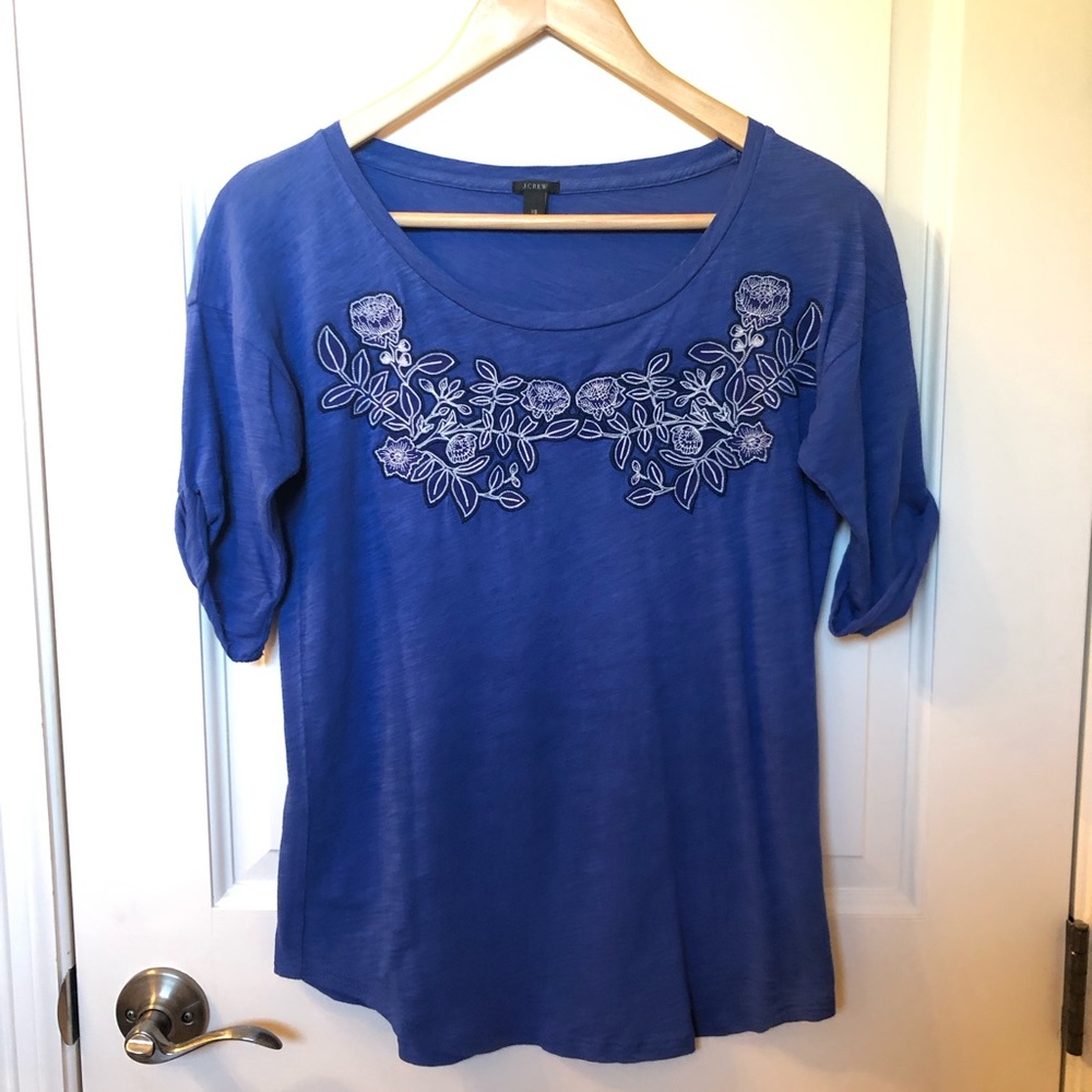 J. CREW Royal Blue Embroidered Short Sleeve T-Shirt • XS